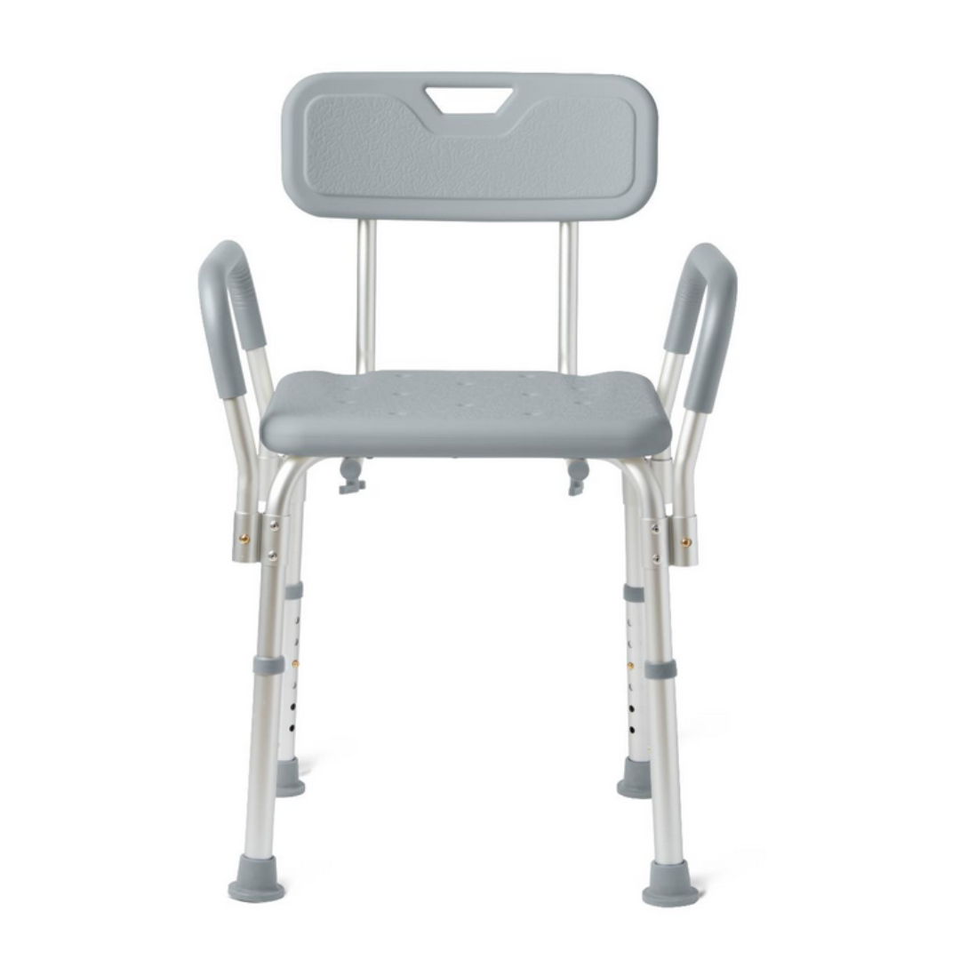 The Medline Shower Chair with Backrest and Padded Armrests features a supportive back, padded arms for comfort, and four height-adjustable legs with nonslip rubber feet. Its gray perforated seat ensures efficient drainage.